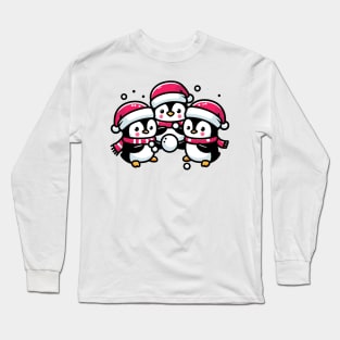 Adorable Cute Penguin Santa Hat Winter Snowball Fight Long Sleeve T-Shirt